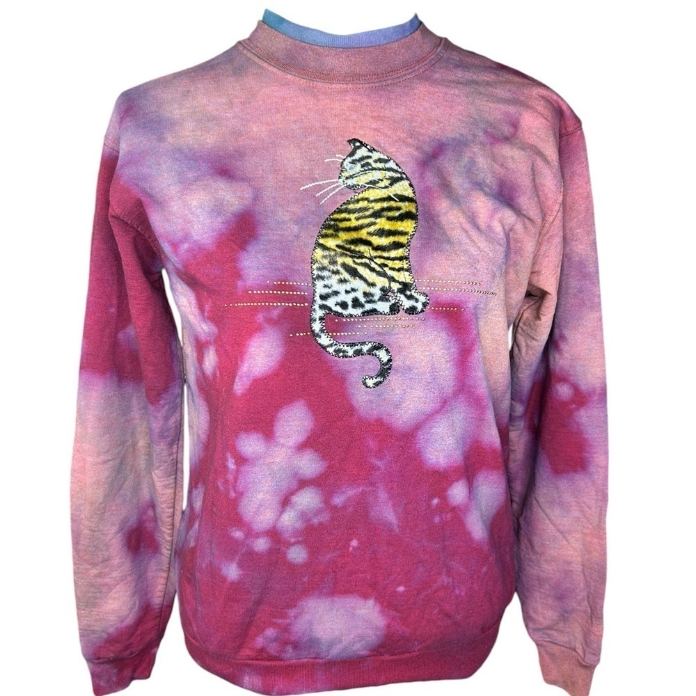 Vintage 90's Top Stitch Morning Sun Double Collar Sweatshirt Velvet Cat Leopard